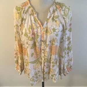 Casa Cabana Women’s Linen Blend Beige Green Floral Blouse Size L  V-neck Boho